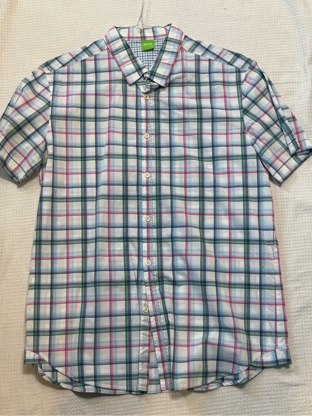 Hugo Boss Short-Sleeve Plaid Button-Up Shirt in White, Green & Pink